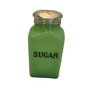 Vtg Green Jadeite Glass Sugar Shaker Dispenser Aluminum Cap 5” Black Label